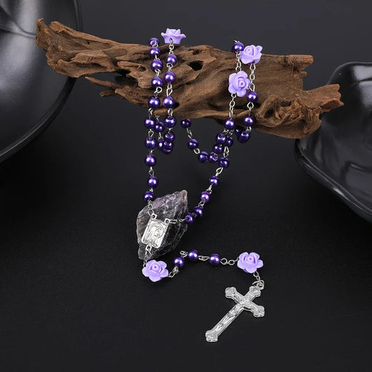 Long religious rosary necklace with Virgin Mary cross pendant, 6mm beads, suitable for men and women, by DoubleMfashion.