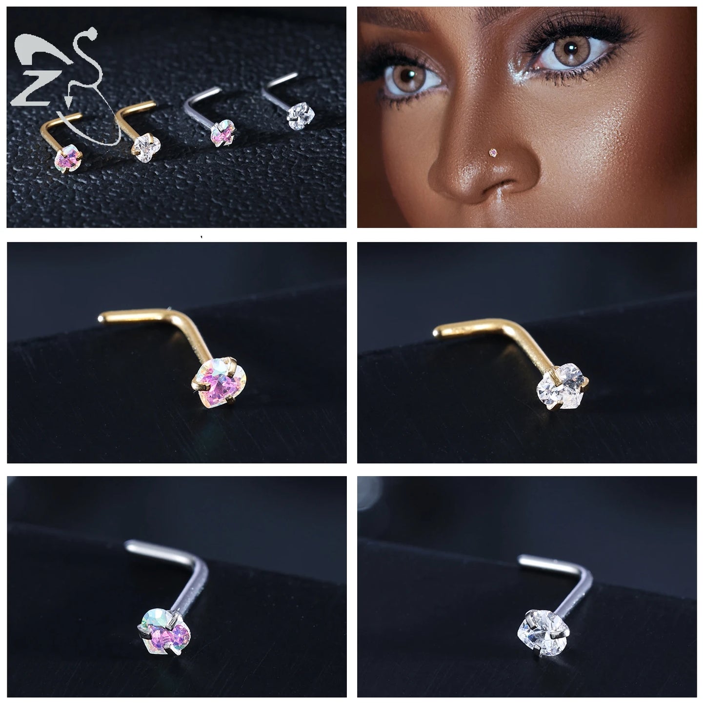 Gold stainless steel nose stud set featuring heart, star, and round crystal designs in L-shape for nostril piercing.