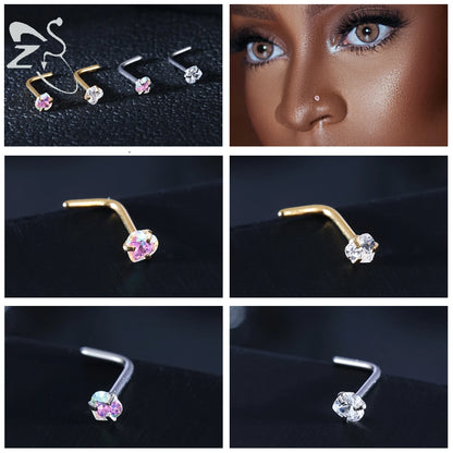 Gold stainless steel nose stud set featuring heart, star, and round crystal designs in L-shape for nostril piercing.