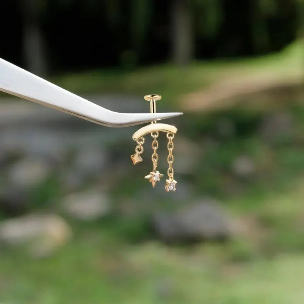 925 Sterling Silver eight-pointed star CZ earring with tassel chain, designed for women by CANNER.