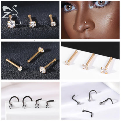 Gold color stainless steel nose stud set with heart, star, and round crystals in L-shape for nostril piercing by DoubleMfashion.