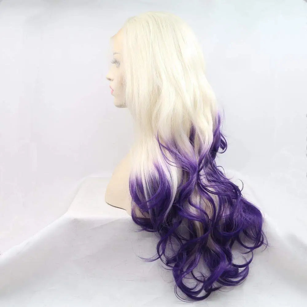 Blonde to purple ombre lace front wig with body wave style, featuring long wavy synthetic hair by DoubleMfashion.