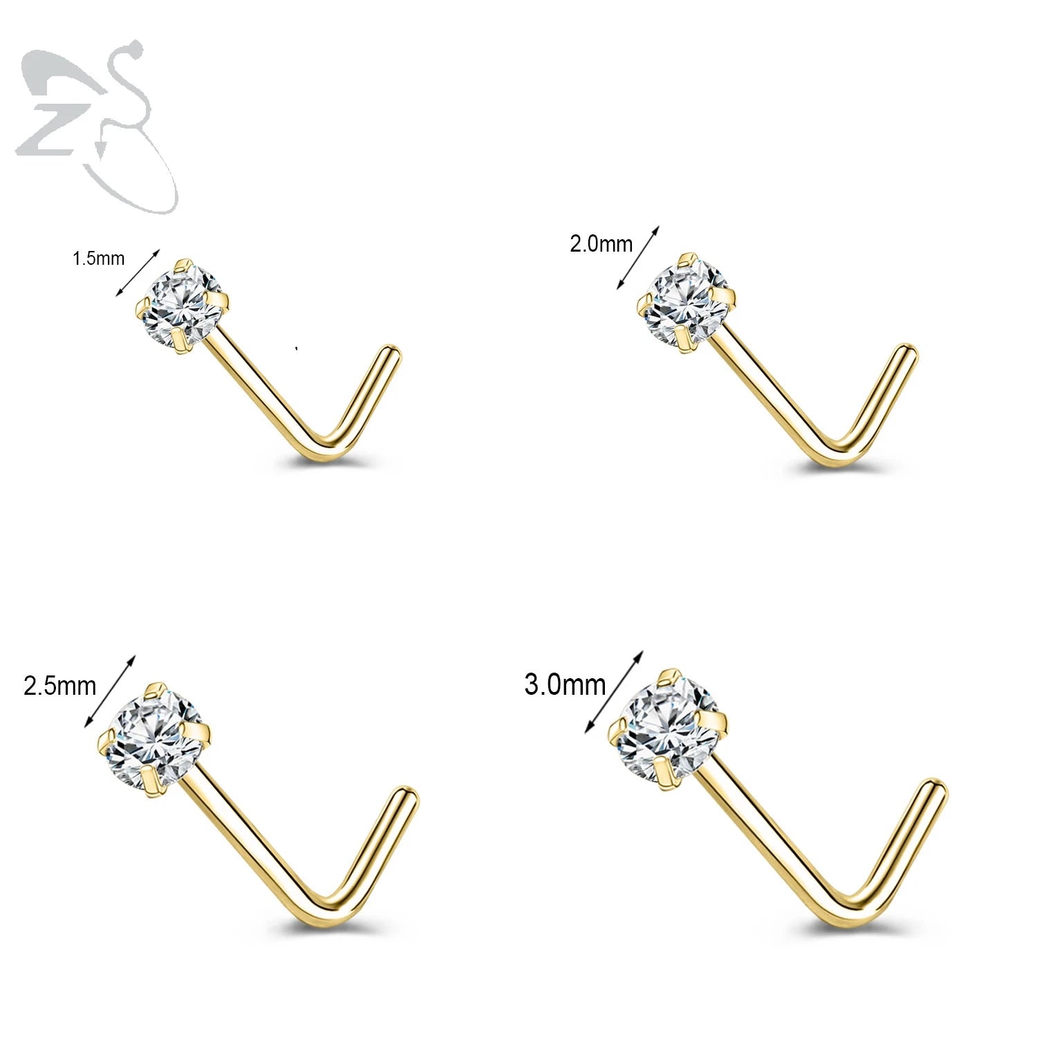 Gold stainless steel nose stud set featuring heart, star, and round crystal designs in L shape for nostril piercing.