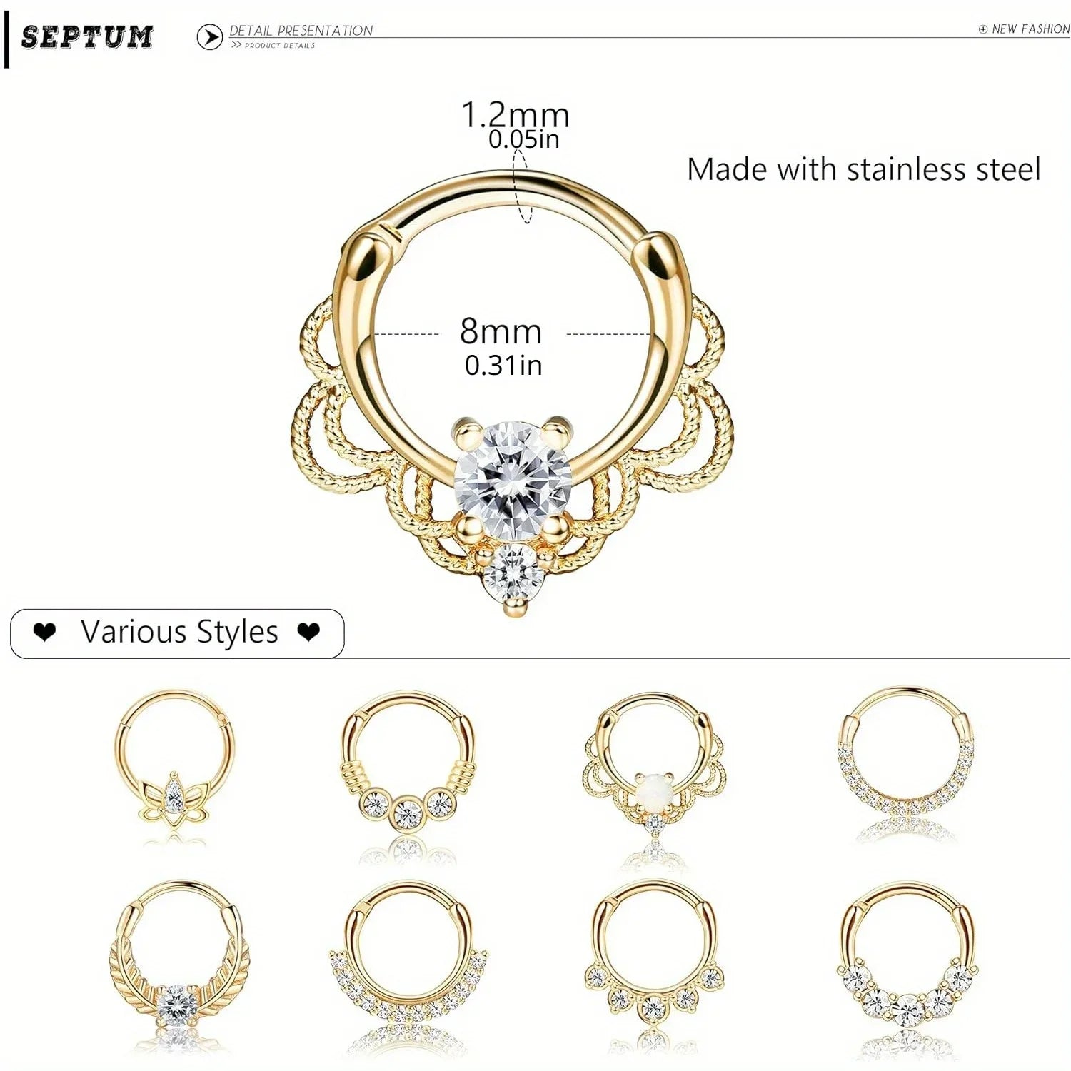 DoubleMfashion 316L stainless steel septum ring with opal and CZ accents, ideal for daith and cartilage piercings.