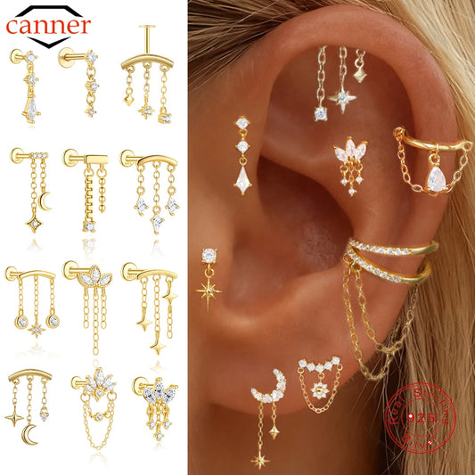 CANNER 925 sterling silver eight-pointed star CZ piercing earring with tassel chain, elegant design for women.