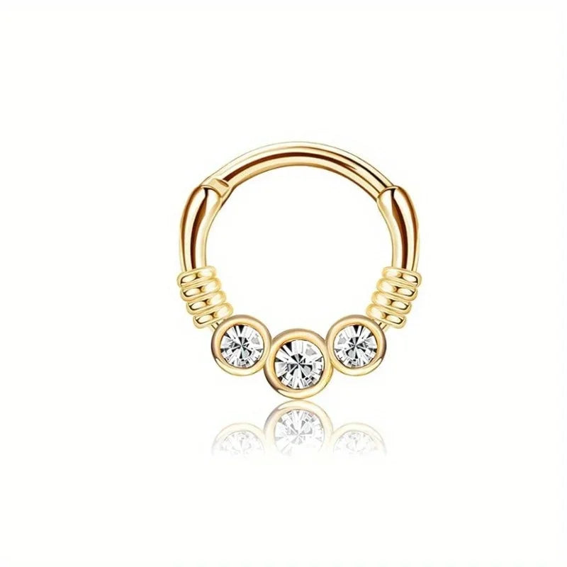 DoubleMfashion stainless steel septum ring with opal and CZ accents, designed for daith and cartilage piercings.