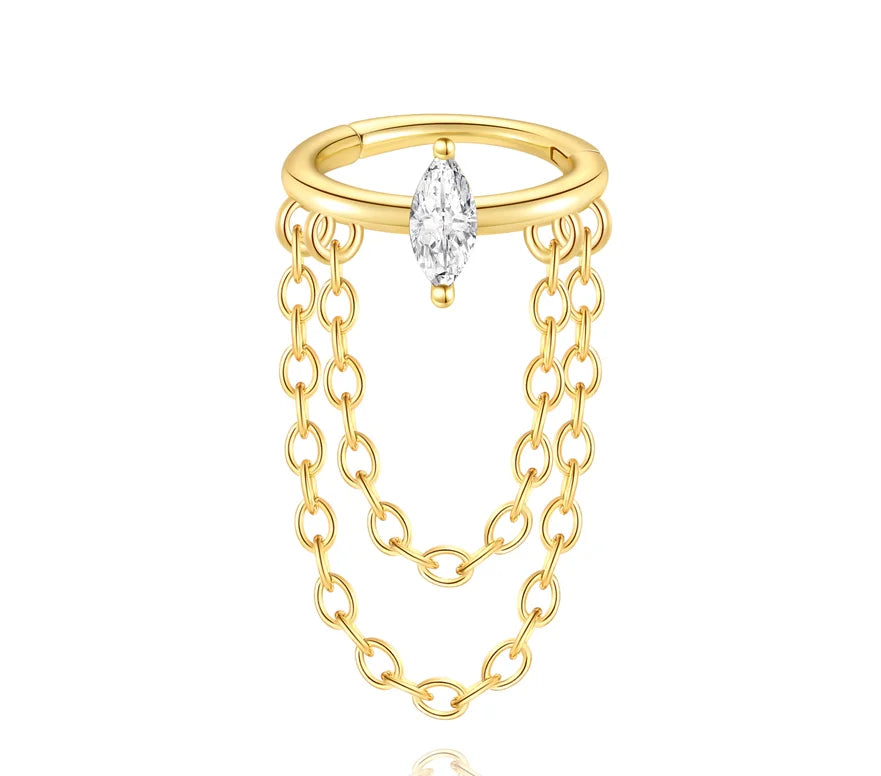 925 Sterling Silver eight-pointed star CZ piercing earring with tassel chain, designed for women by CANNER.