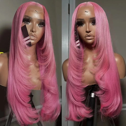 Pink layered cut bone straight lace front wig with pre-plucked hairline for daily wear and cosplay by DoubleMfashion.