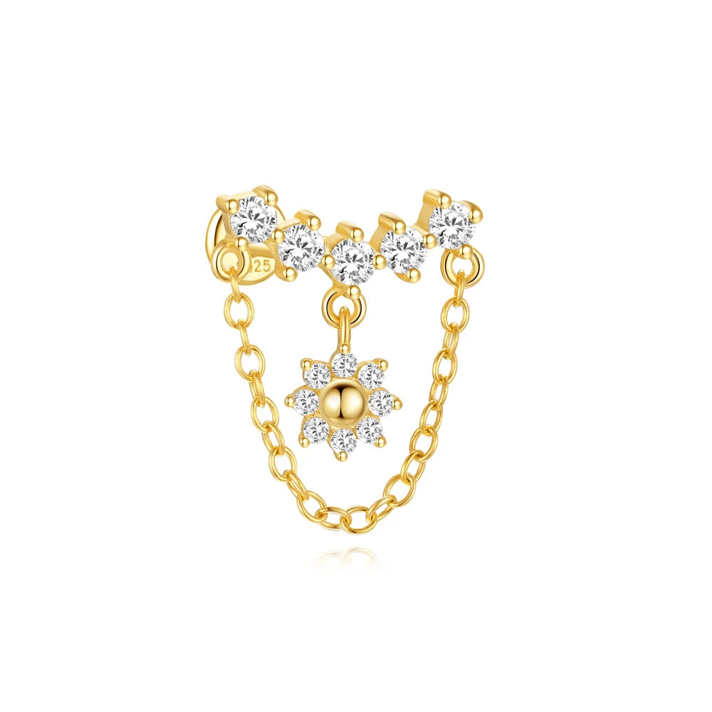 CANNER 925 Sterling Silver eight-pointed star CZ stud earring with tassel chain for women, elegant fine jewelry piece.