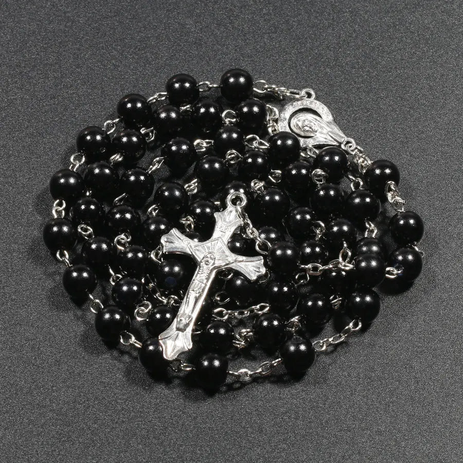 Collier chapelet en fausses perles avec pendentif croix, Vierge Marie et Jésus, longues chaînes de perles, DoubleMfashion.
