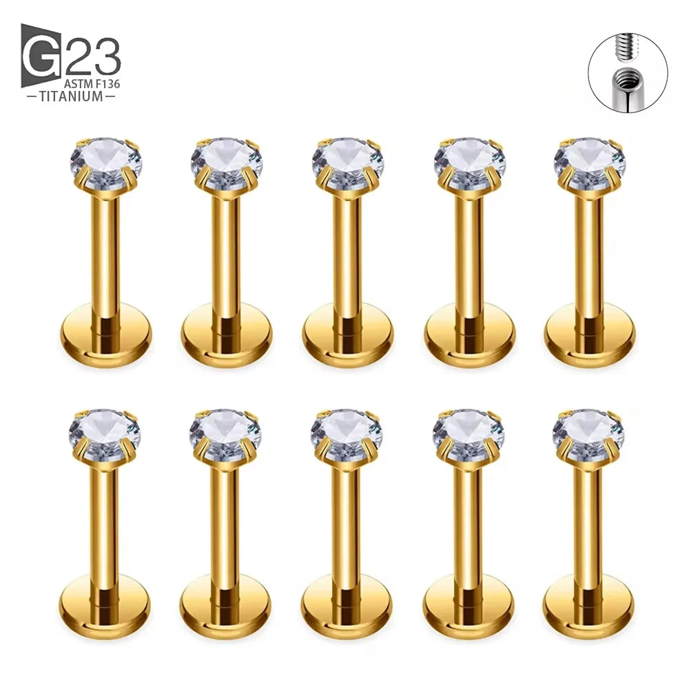 G23 titanium labret ear lip studs with square CZ stones in various sizes by DoubleMfashion, displayed on a neutral background.