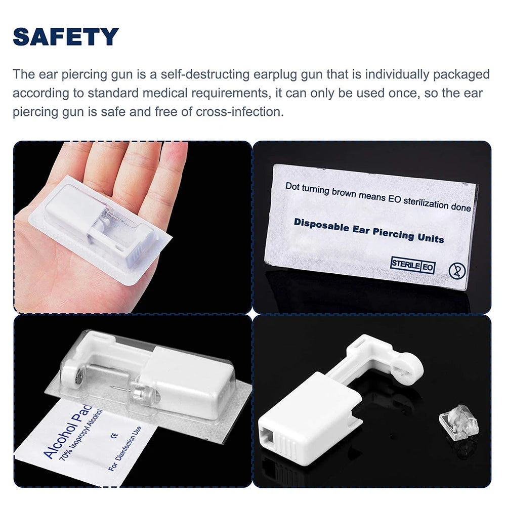 Disposable ear piercing gun kit with safety earrings and studs from DoubleMfashion, showcasing the piercing machine and tools.