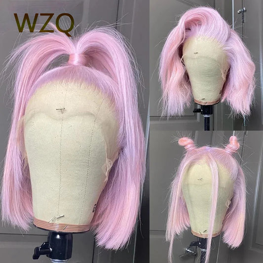 Pink lace front wig by DoubleMfashion, featuring a mint green short straight bob with HD transparent lace frontal.