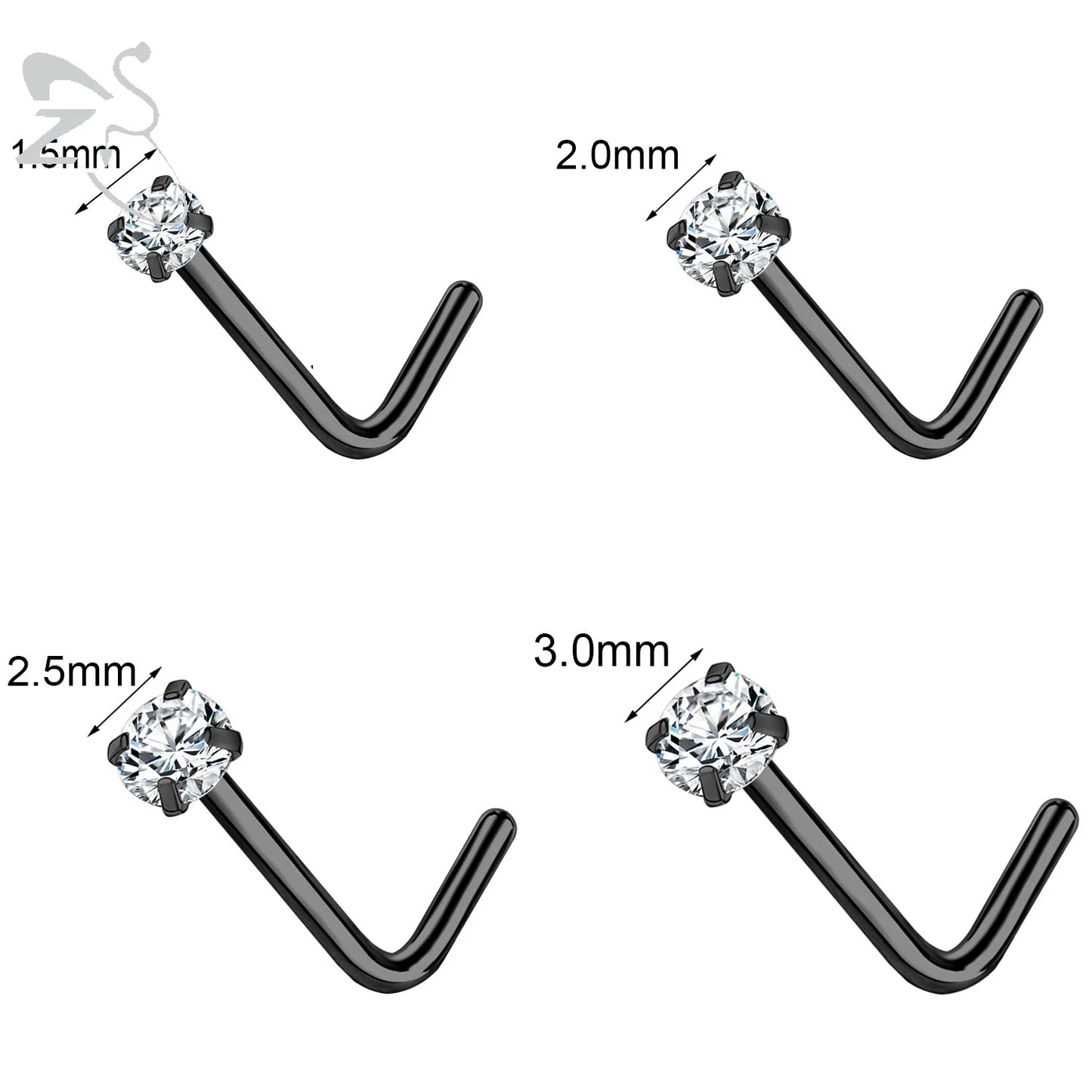 Gold color stainless steel nose stud set with heart, star, and round crystal designs, featuring L shape nostril piercings.