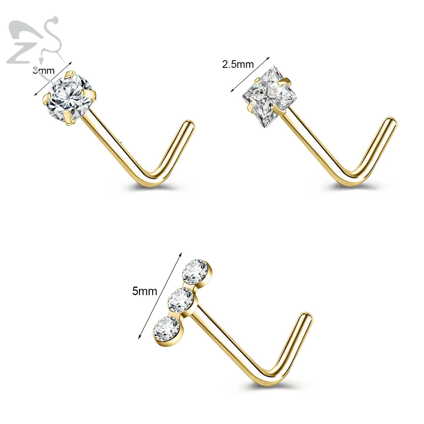 Gold stainless steel nose stud set with heart, star, and round crystals, featuring L-shape designs for nostril piercing.