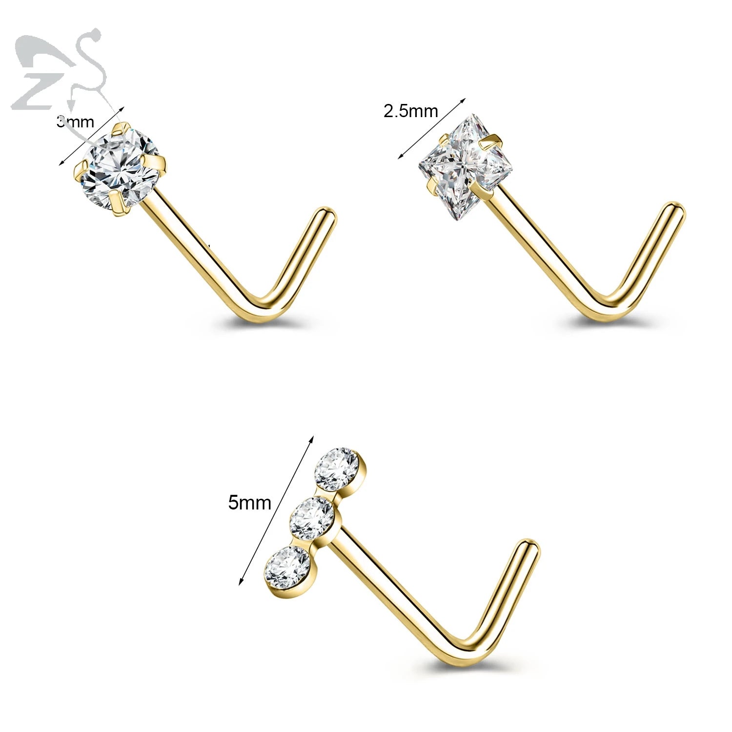 Gold stainless steel nose stud set with heart, star, and round crystals, featuring L-shape designs for nostril piercing.