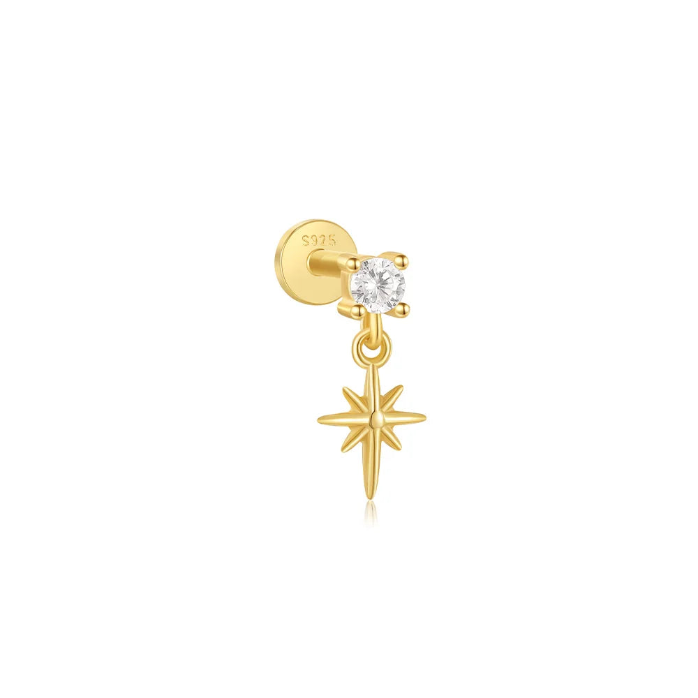 925 Sterling Silver eight-pointed star CZ piercing earring with tassel chain, designed for women by DoubleMfashion.