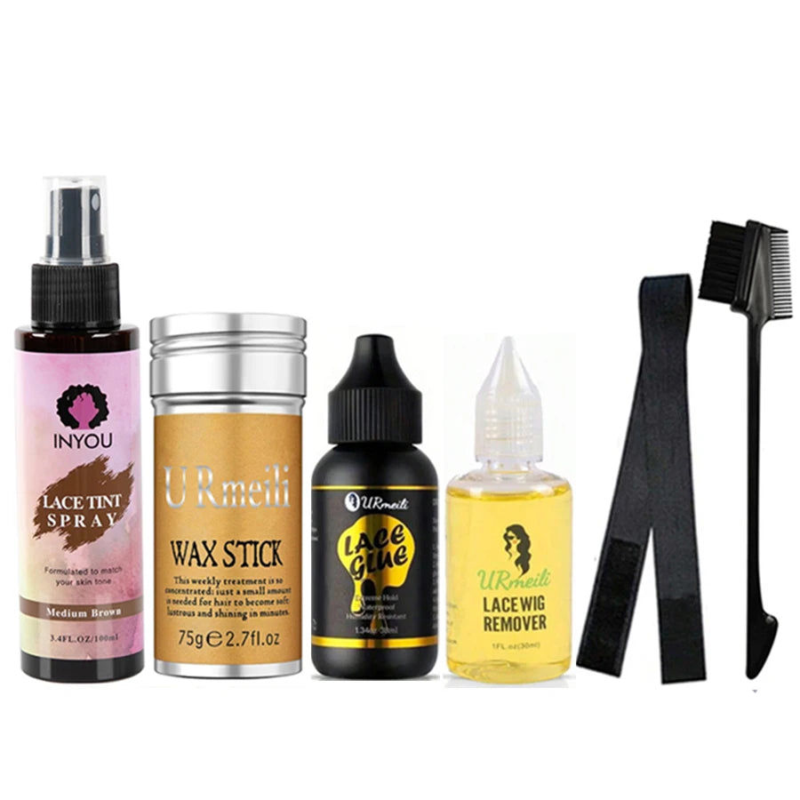 Kit de colle pour perruque Lace Wig DoubleMfashion, 6 pièces incluant adhésif, spray de teinte et bâton de cire.