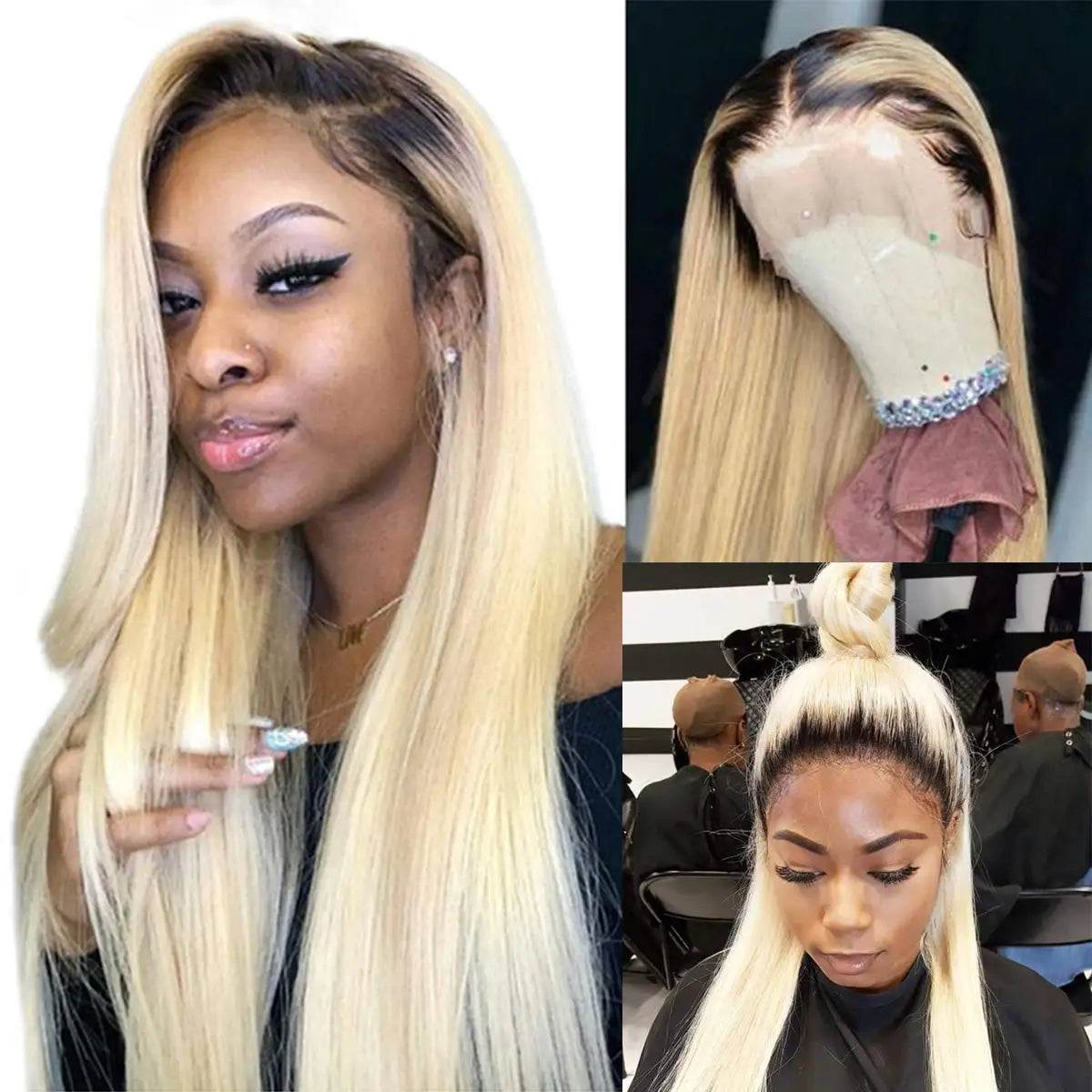 Honey blonde lace front wig with dark roots, Remy Brazilian straight hair, 13x4, by DoubleMfashion for women.