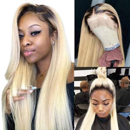 Honey blonde lace front human hair wig with dark roots, Brazilian straight style from DoubleMfashion.