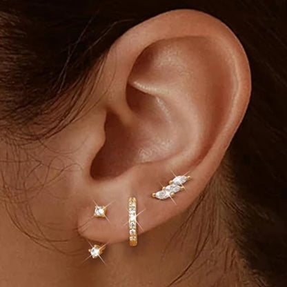 3PCS gold stainless steel hoop earrings set with zircon flower studs for women, perfect for cartilage piercing.
