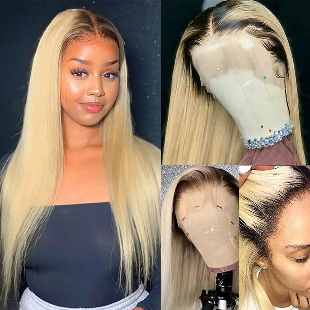 Honey blonde lace front wig with dark roots, straight Remy Brazilian hair, 13x4 design for women by DoubleMfashion.