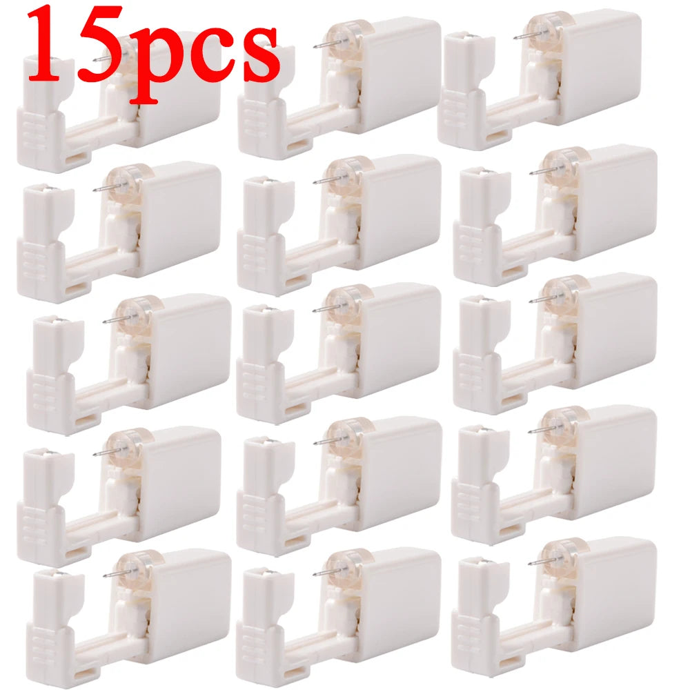 Disposable ear piercing gun kit with studs and nose ring, featuring safety design by DoubleMfashion.