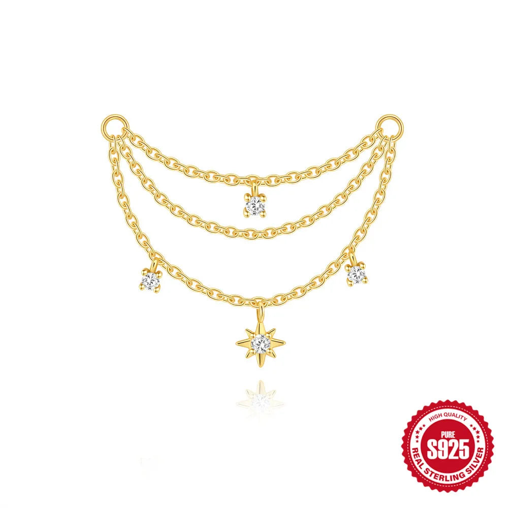 CANNER 925 Sterling Silver eight-pointed star CZ tassel chain stud earring for women, showcasing fine jewelry design.