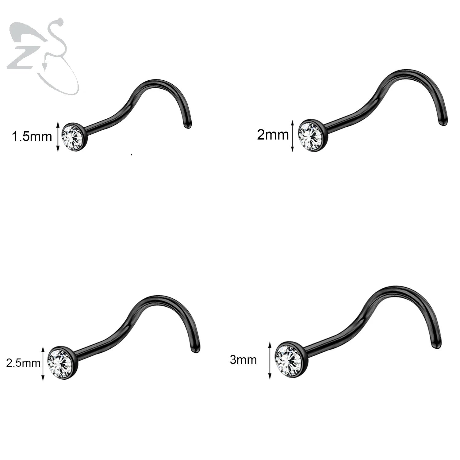 Gold stainless steel nose stud set featuring heart, star, and round crystal designs in L-shape, 18g/20g by DoubleMfashion.