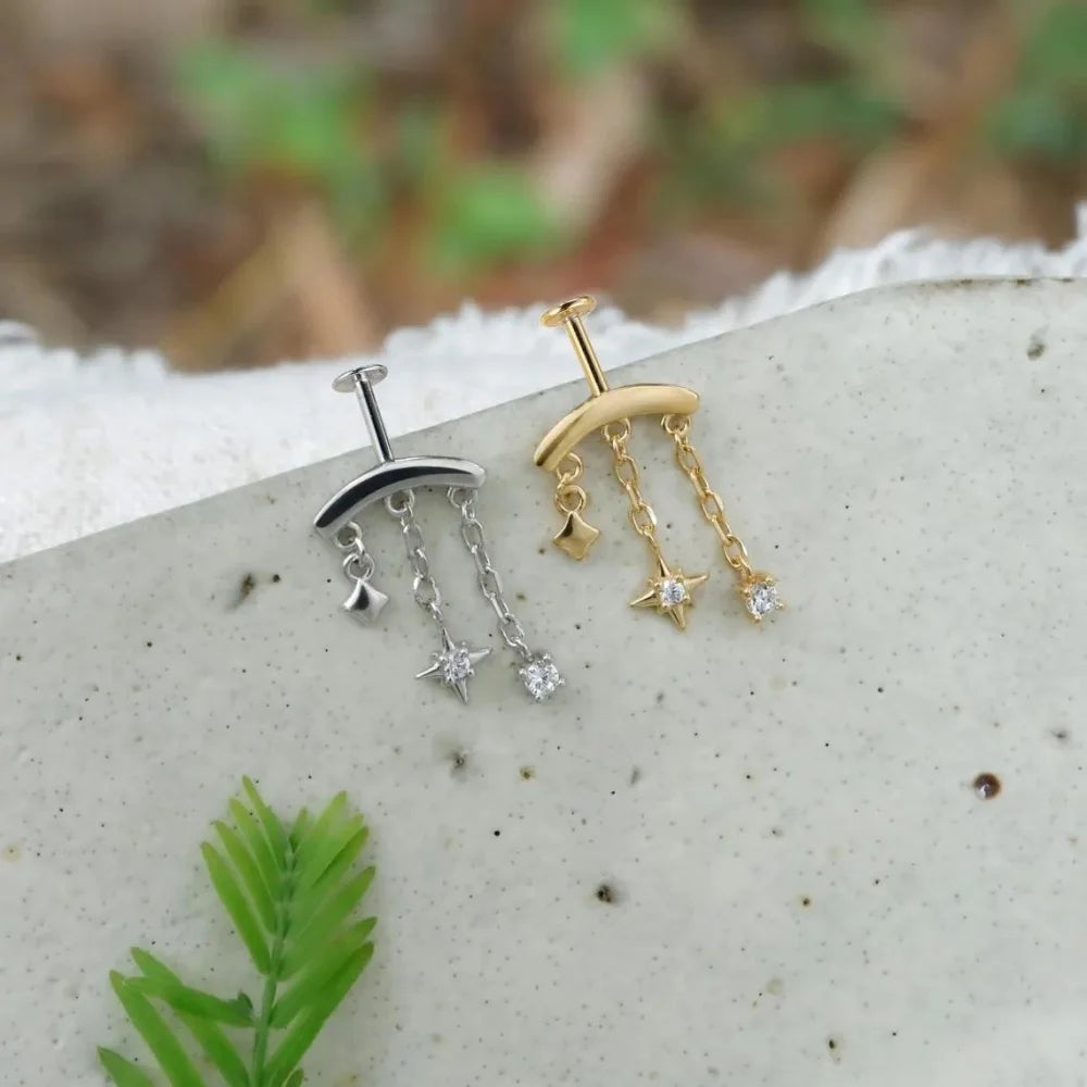 CANNER 925 sterling silver eight-pointed star CZ earring with tassel chain, perfect for women's party jewelry.