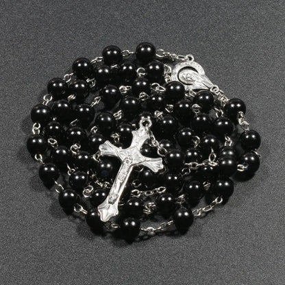 Collier chapelet en fausses perles pour femmes avec pendentif croix, Vierge Marie et Jésus, de DoubleMfashion.