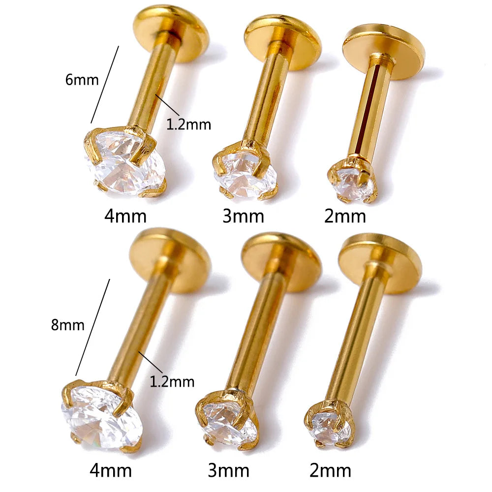 G23 titanium labret ear lip studs with square CZ stones, featuring threaded design for cartilage and tongue piercings.