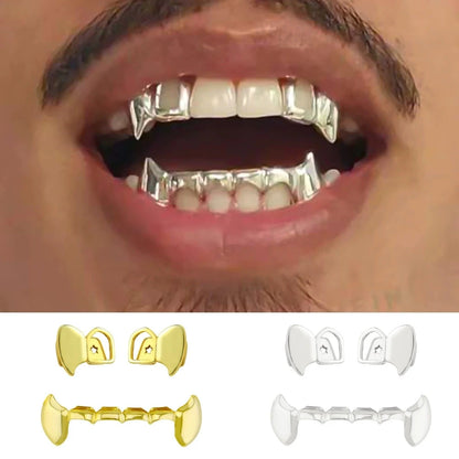 TOPGRILLZ glossy double hollow teeth grillz set featuring fang designs for Halloween and Christmas themed accessories.