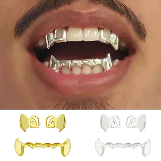 TOPGRILLZ glossy double hollow teeth grillz set featuring fang designs for Halloween and Christmas themed accessories.