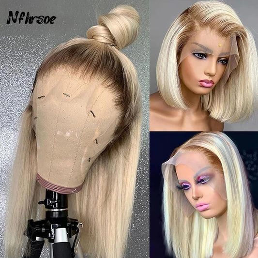 Honey blonde ombre short bob wig with lace front, showcasing highlights and styled for women by DoubleMfashion.