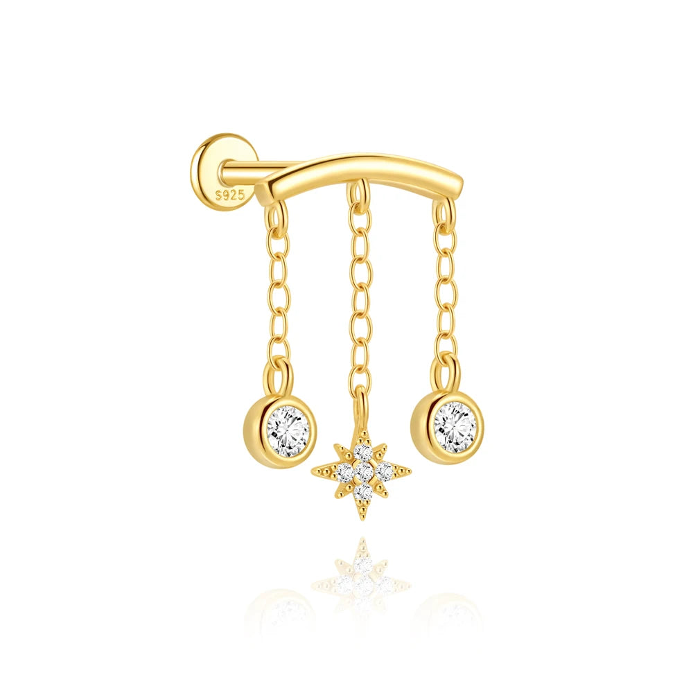 CANNER 925 Sterling Silver eight-pointed star CZ piercing earring with tassel chain for women, showcasing elegant design.