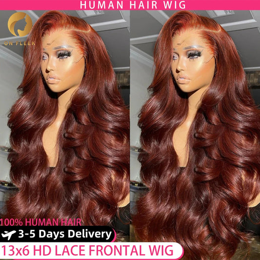 Reddish brown body wave lace frontal wig by DoubleMfashion showing a natural hairline and pre-plucked texture.