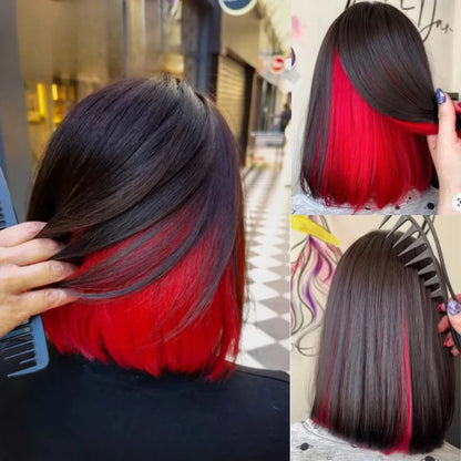 Highlight red straight bob wig with 13x4 transparent lace frontal, designed for women by DoubleMfashion.