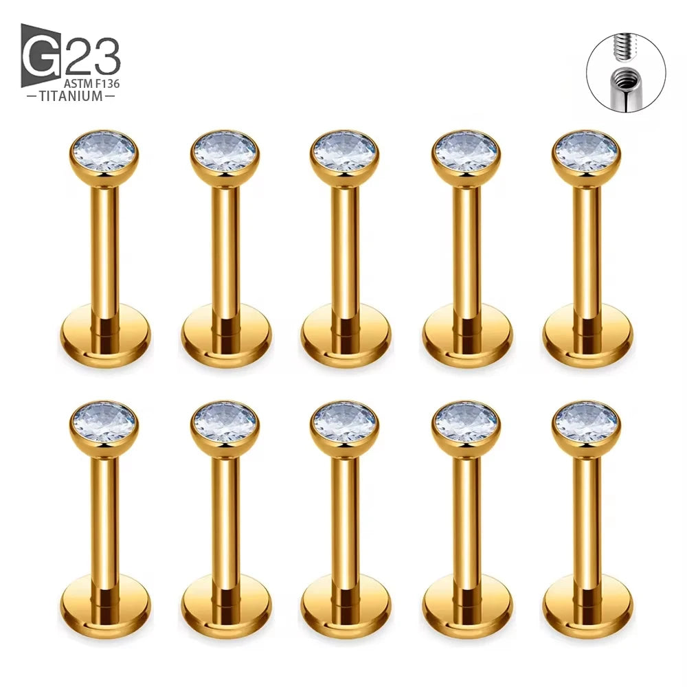 G23 titanium labret ear studs with square CZ stones, ideal for cartilage, tragus, and tongue piercings by DoubleMfashion.