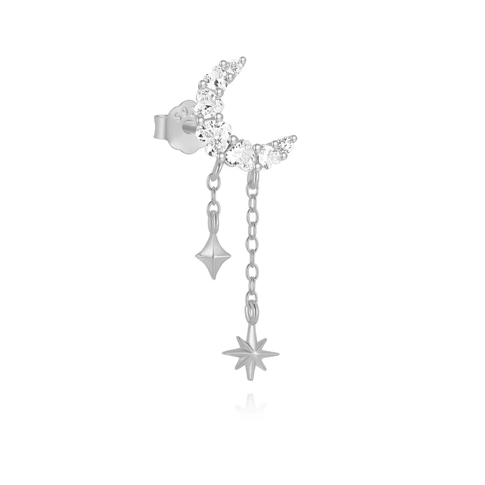 CANNER 925 Sterling Silver eight-pointed star CZ piercing earring with tassel chain for women, elegant party jewelry.