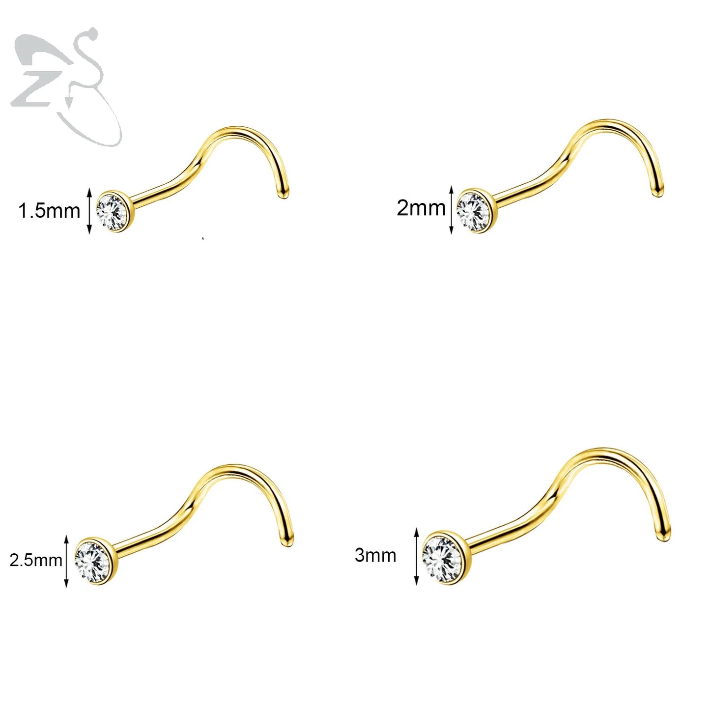 Gold stainless steel nose stud set with heart, star, and round crystals in L shape, 18g/20g from DoubleMfashion.