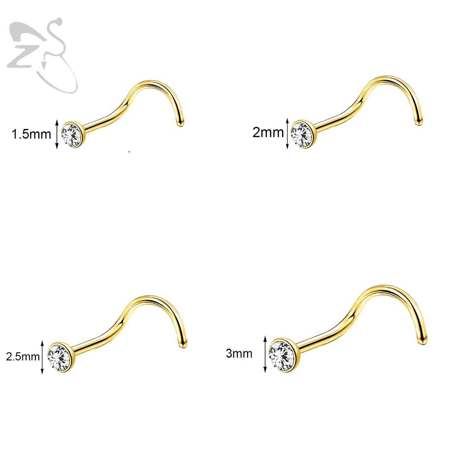 Gold stainless steel nose stud set with heart, star, and round crystals in L shape, 18g/20g from DoubleMfashion.