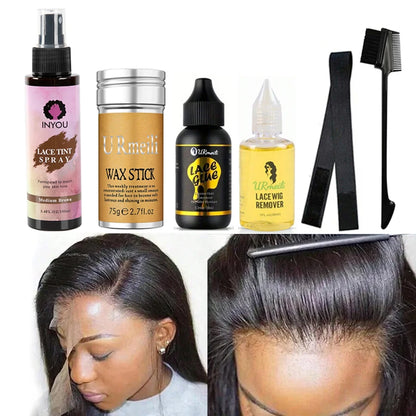 Kit de colle pour perruque Lace Wig DoubleMfashion, 6 pièces avec adhésif, spray de teinte et bâton de cire pour cheveux.