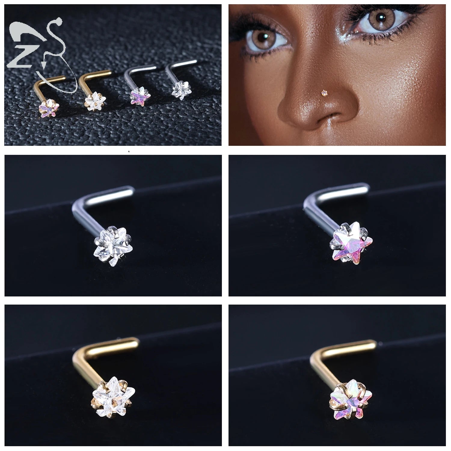 Gold stainless steel nose stud set featuring heart, star, and round crystals in L shape, 18g/20g by DoubleMfashion.