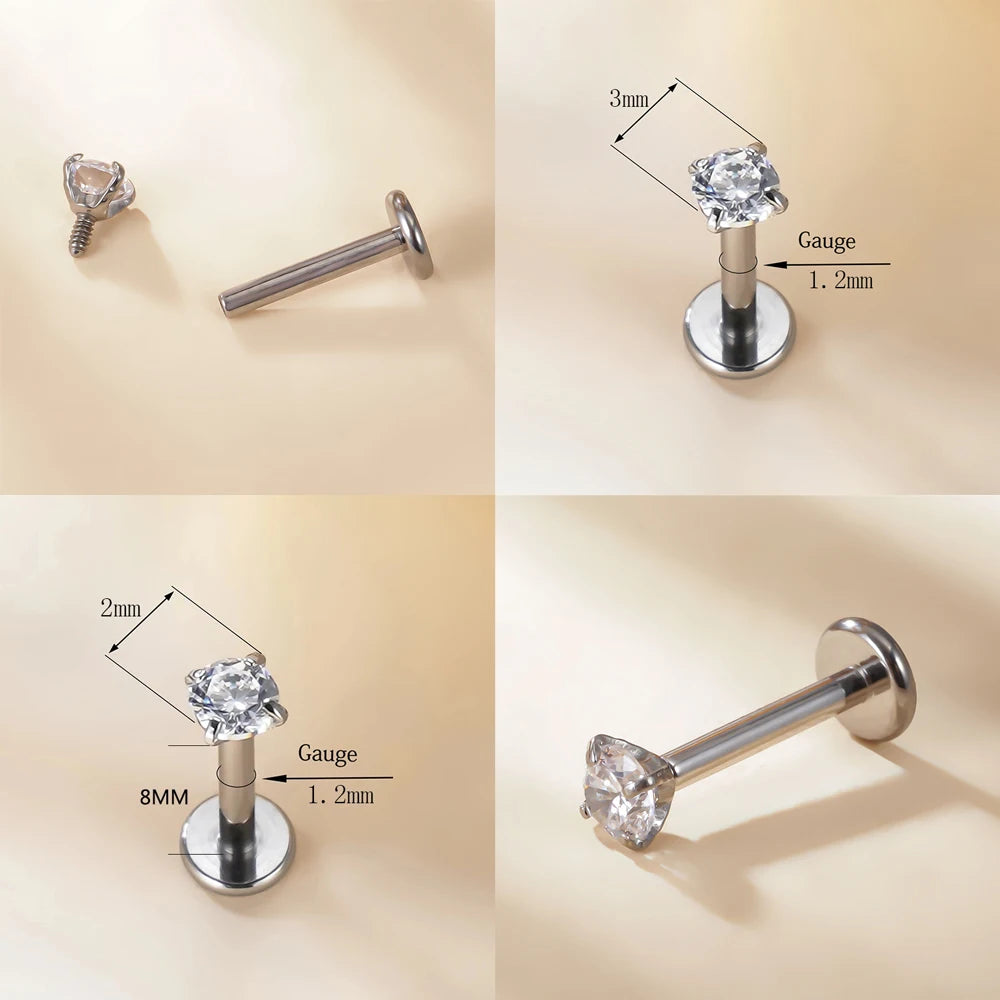 G23 titanium labret ear lip studs with square CZ stones, perfect for cartilage and tragus piercings, by DoubleMfashion.