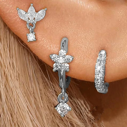 3PCS gold color stainless steel hoop earrings set with zircon flower stud earrings for women, featuring cartilage piercing design.
