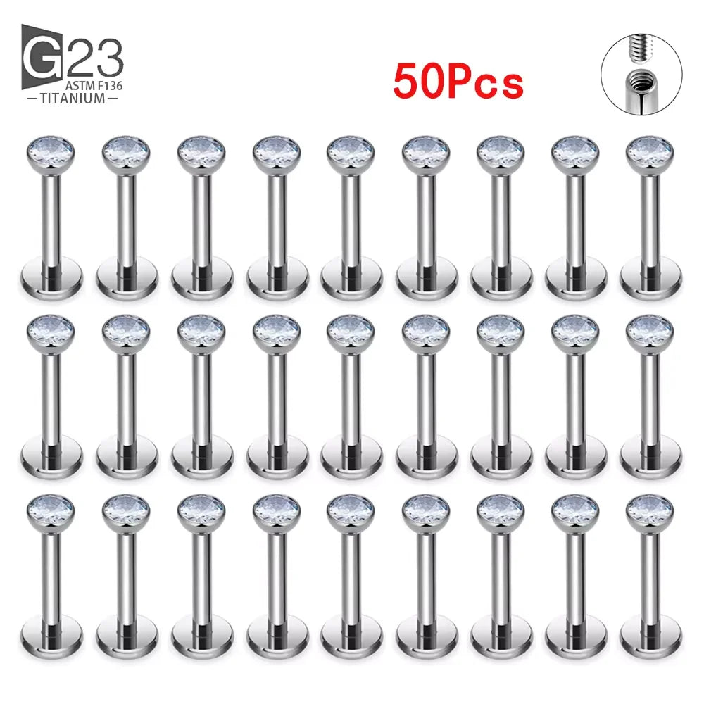 10Pc G23 titanium labret ear studs featuring square CZ stones, perfect for cartilage and tragus piercings.