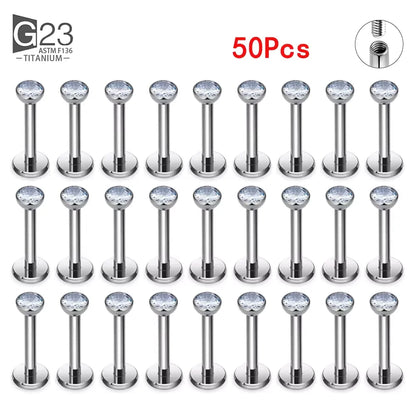 10Pc G23 titanium labret ear studs featuring square CZ stones, perfect for cartilage and tragus piercings.