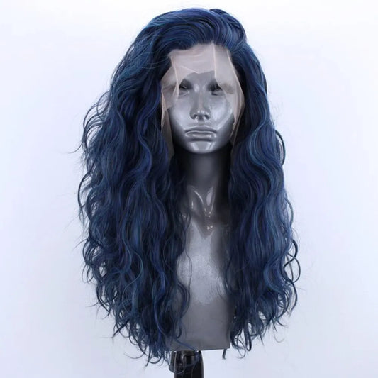 Light blue synthetic lace front wig with long loose curls, ideal for cosplay from DoubleMfashion.
