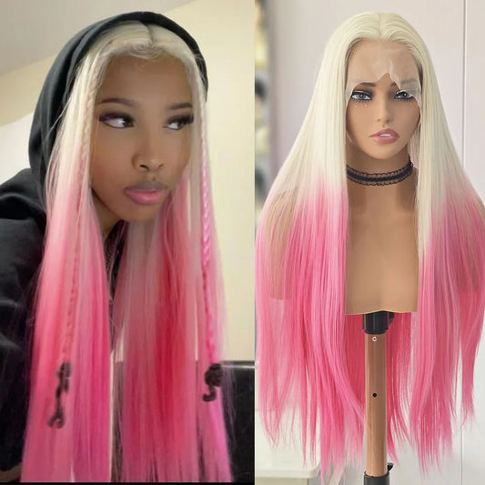 Pink straight synthetic hair lace wig with platinum roots and ombre finish, ideal for daily wear by DoubleMfashion.